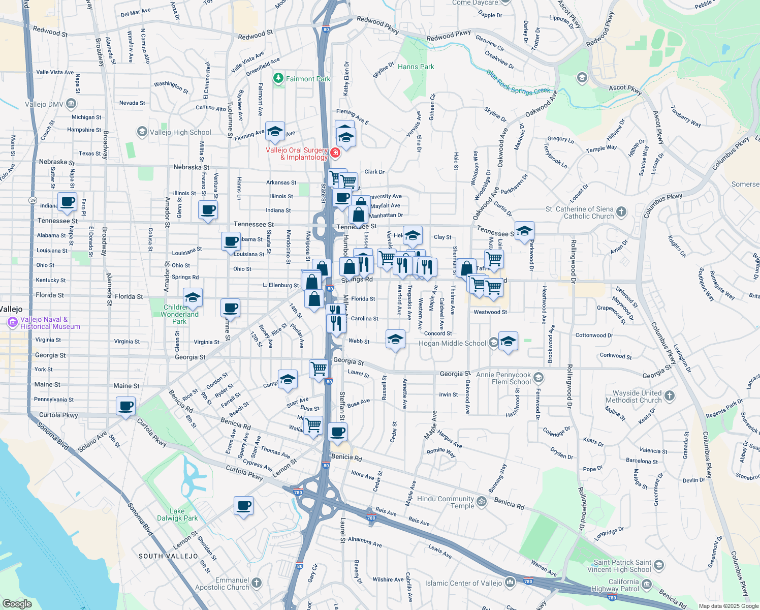 map of restaurants, bars, coffee shops, grocery stores, and more near 526 Sheldon Avenue in Vallejo