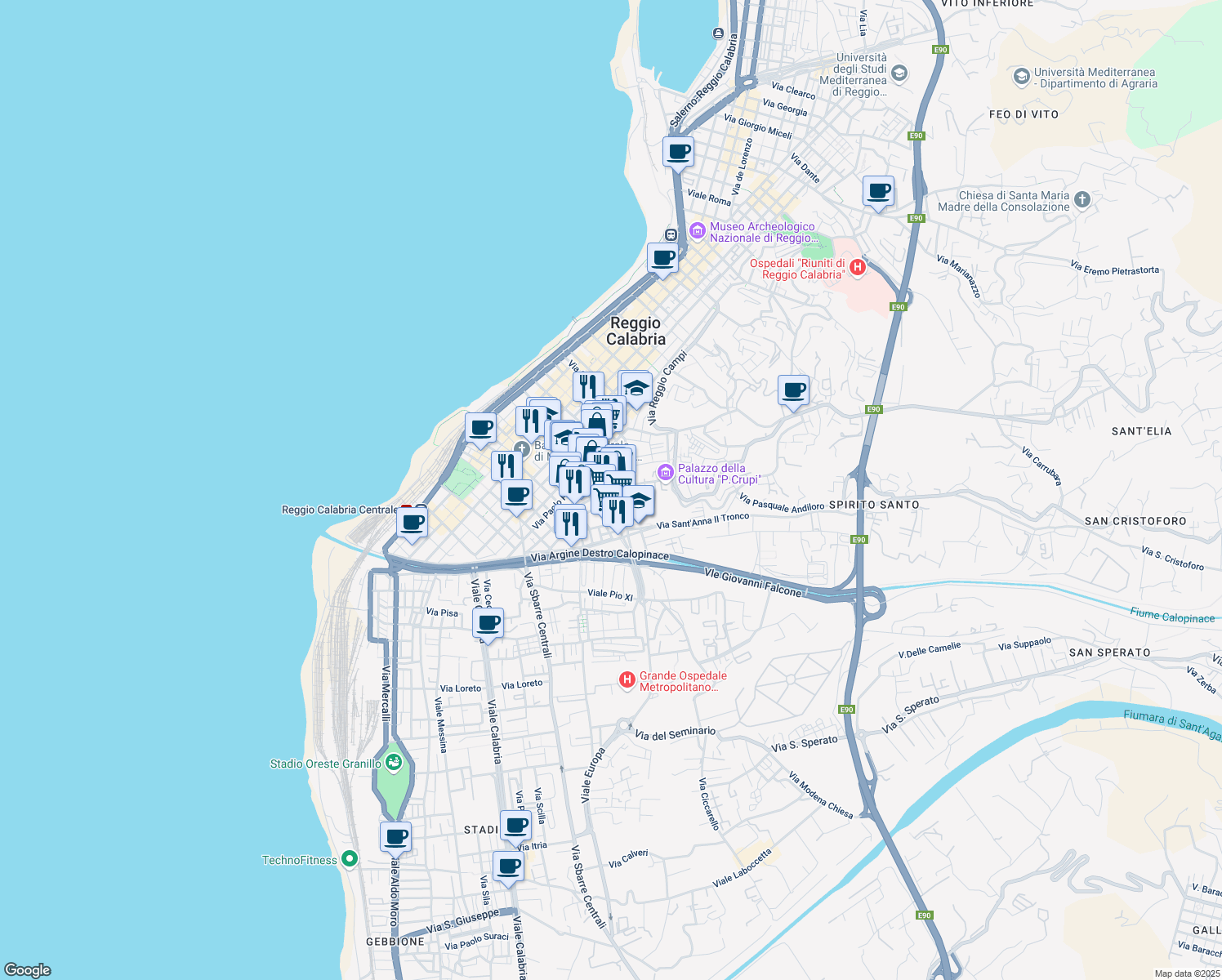 map of restaurants, bars, coffee shops, grocery stores, and more near 8 Via Giuseppe Battaglia in Reggio Calabria
