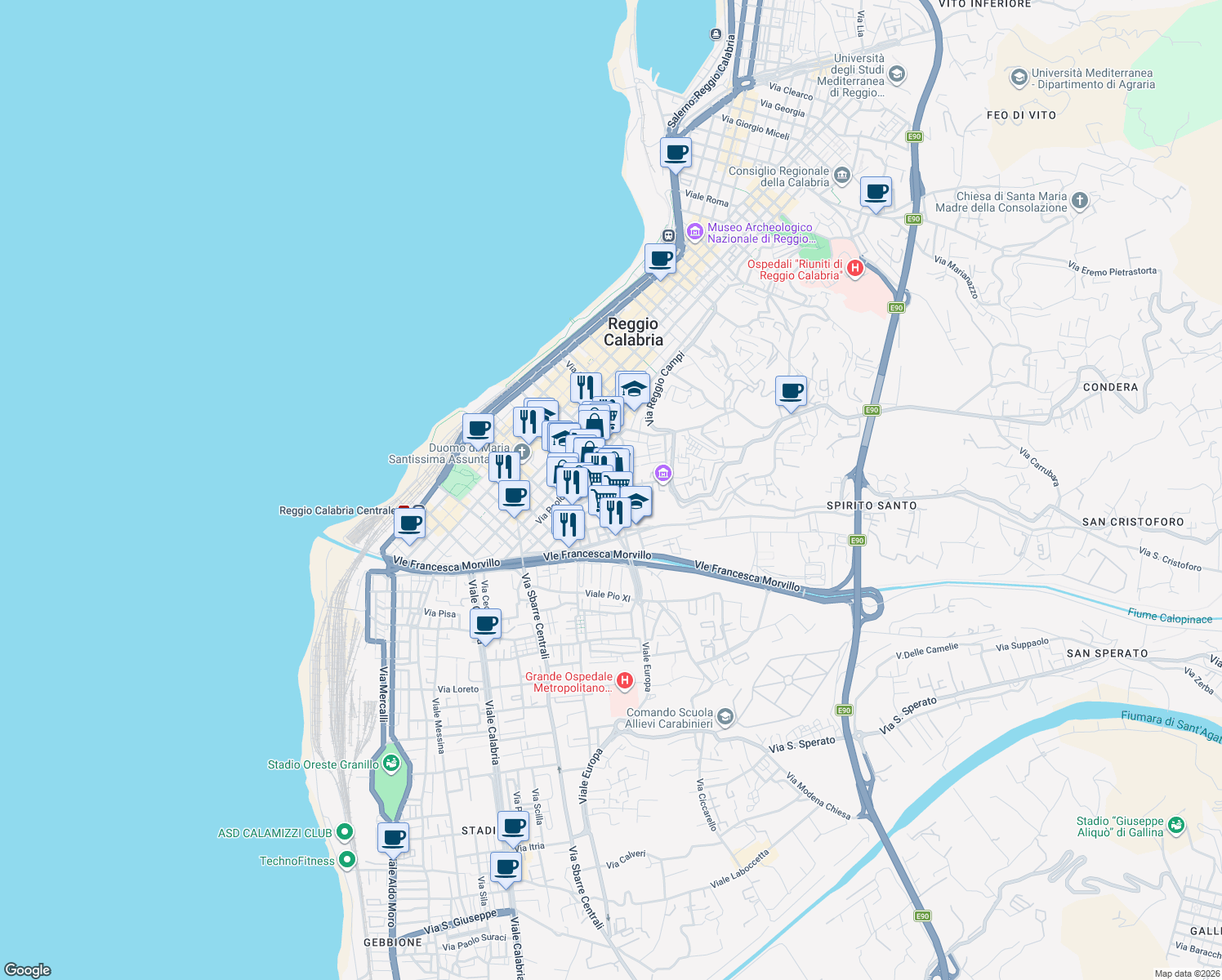 map of restaurants, bars, coffee shops, grocery stores, and more near 8 Via Giuseppe Battaglia in Reggio Calabria