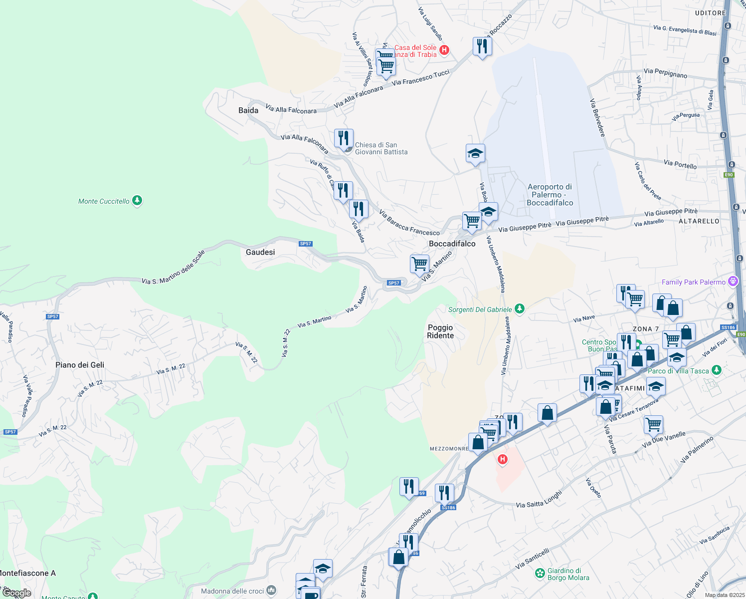 map of restaurants, bars, coffee shops, grocery stores, and more near 242 Via San Martino in Palermo
