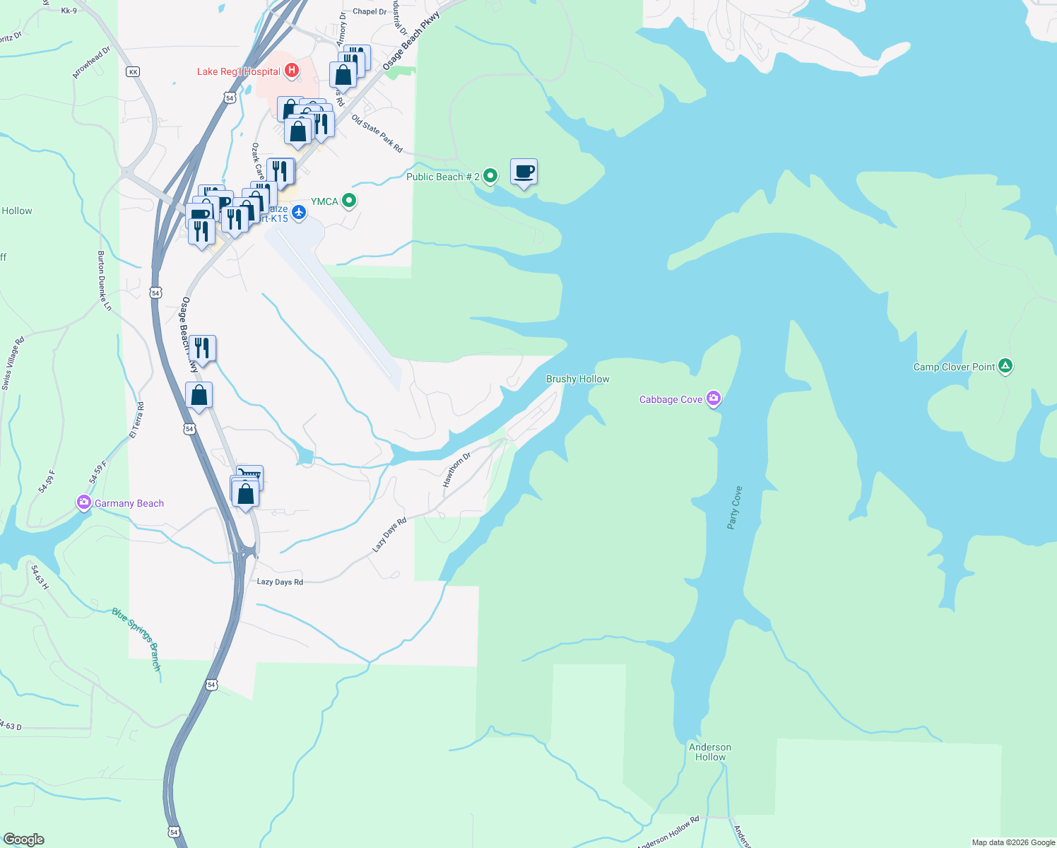 map of restaurants, bars, coffee shops, grocery stores, and more near 611 Lazy Days Road in Osage Beach