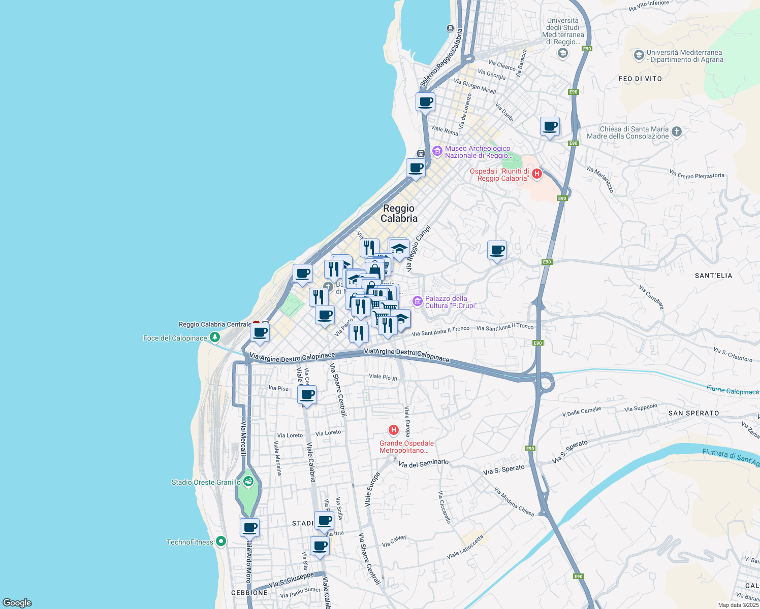 map of restaurants, bars, coffee shops, grocery stores, and more near 8 Via Giuseppe Battaglia in Reggio Calabria