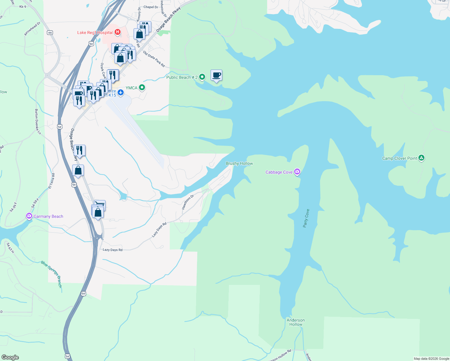 map of restaurants, bars, coffee shops, grocery stores, and more near 611 Lazy Days Road in Osage Beach
