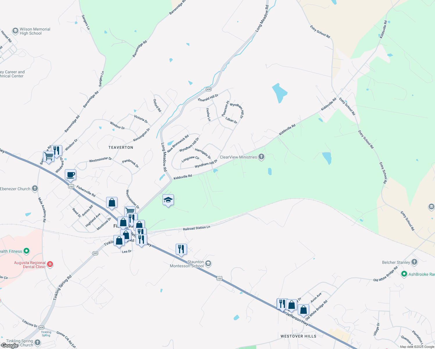 map of restaurants, bars, coffee shops, grocery stores, and more near 157 Kiddsville Road in Fishersville