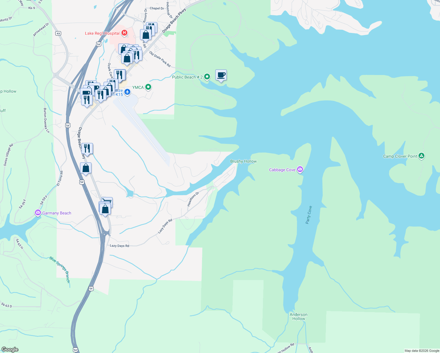 map of restaurants, bars, coffee shops, grocery stores, and more near 611 Lazy Days Road in Osage Beach