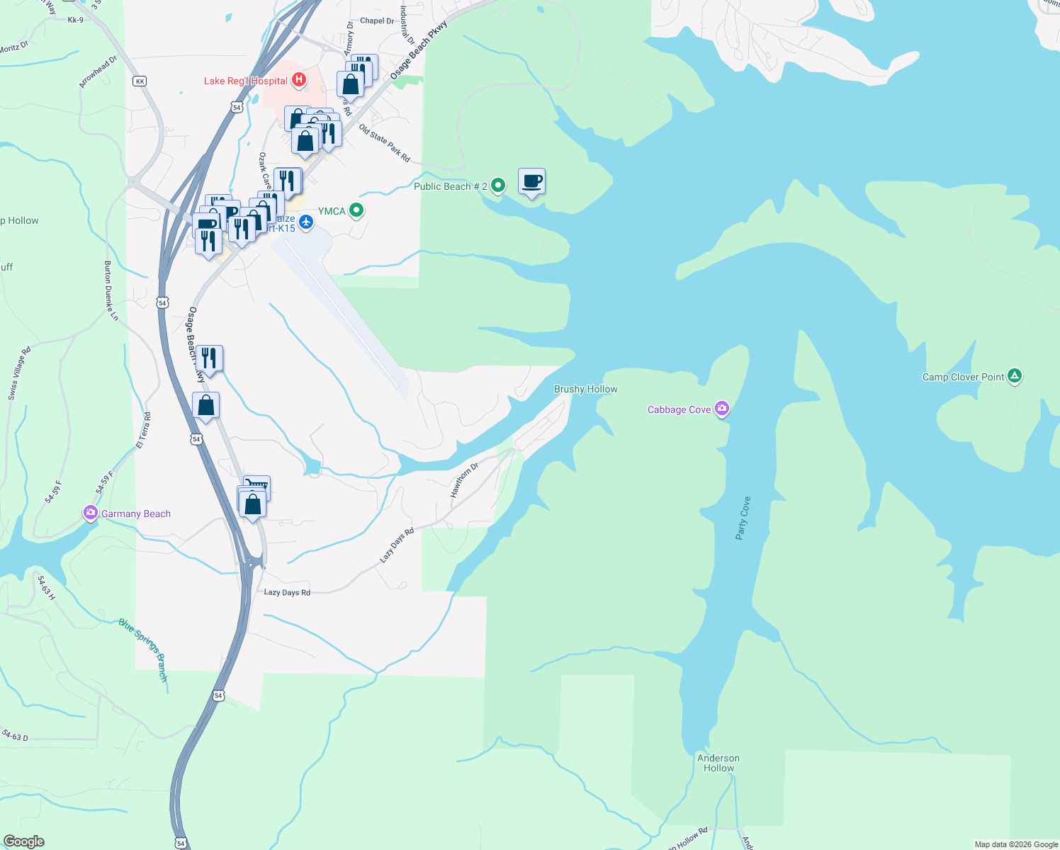map of restaurants, bars, coffee shops, grocery stores, and more near 611 Lazy Days Road in Osage Beach