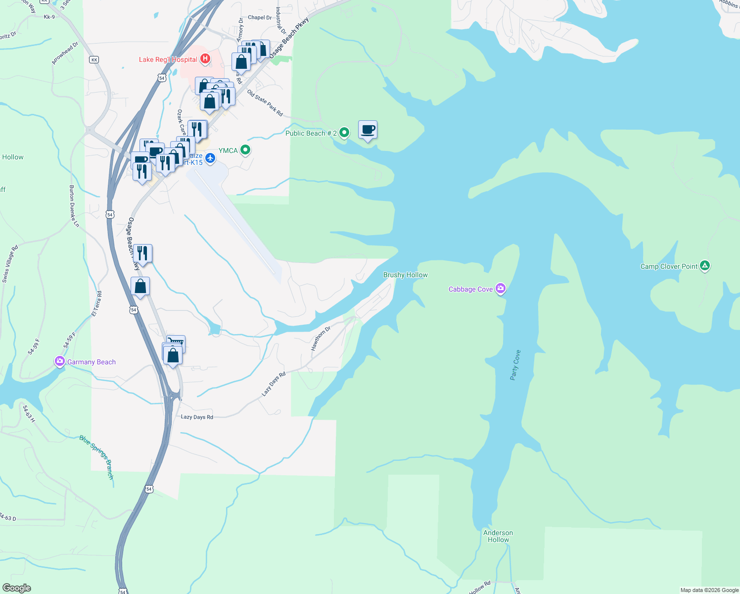 map of restaurants, bars, coffee shops, grocery stores, and more near 611 Lazy Days Road in Osage Beach