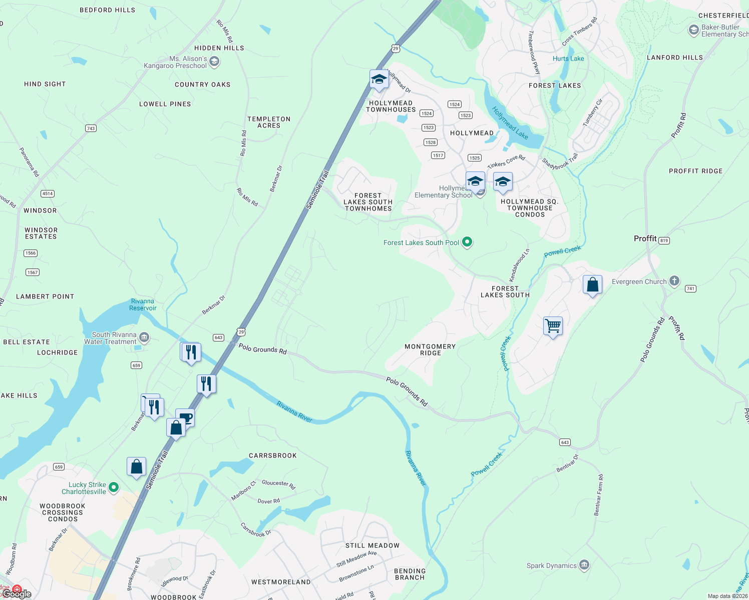 map of restaurants, bars, coffee shops, grocery stores, and more near Unnamed Road in Charlottesville