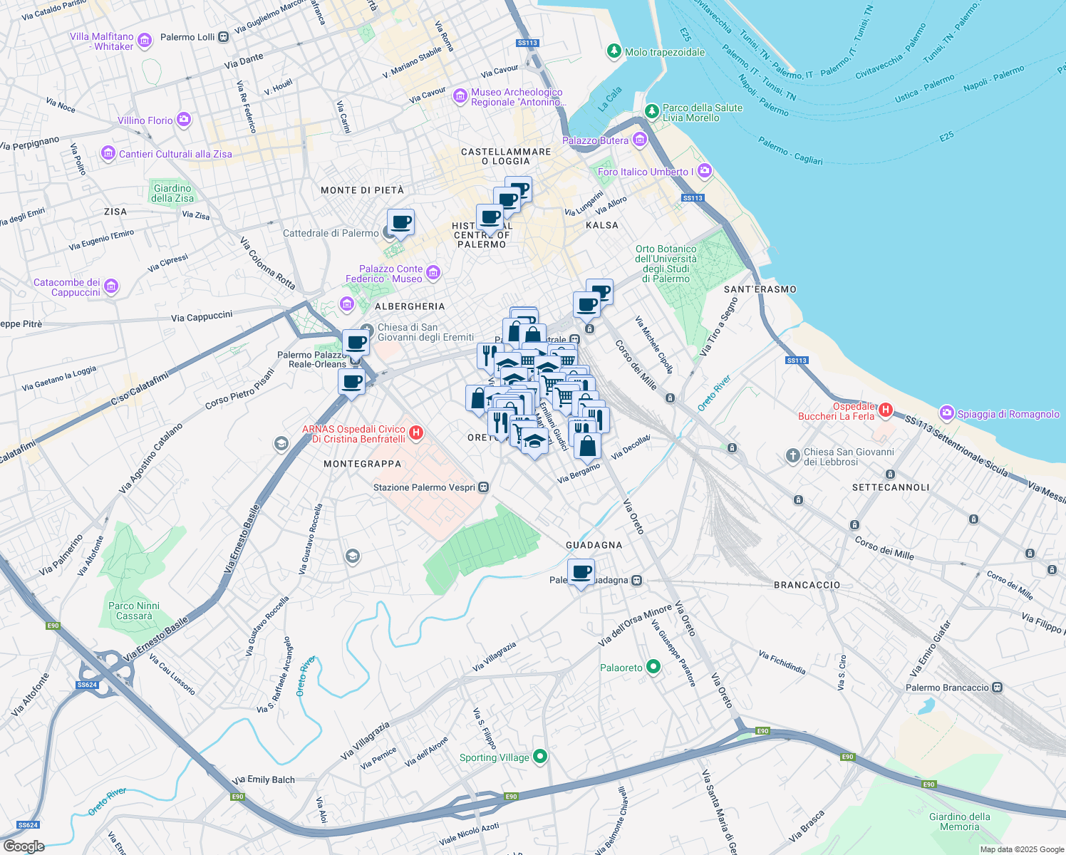 map of restaurants, bars, coffee shops, grocery stores, and more near 40 Via Gaspare Palermo in Palermo