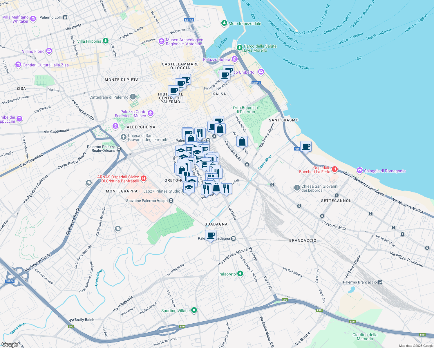map of restaurants, bars, coffee shops, grocery stores, and more near 174 Via Oreto in Palermo