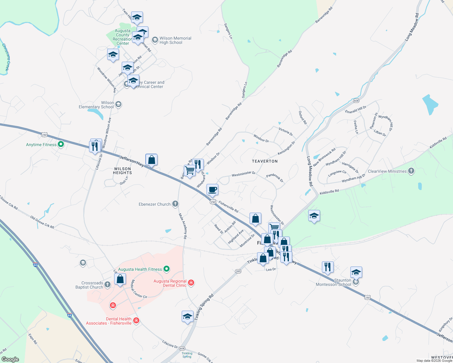 map of restaurants, bars, coffee shops, grocery stores, and more near 46 Surry Lane in Fishersville