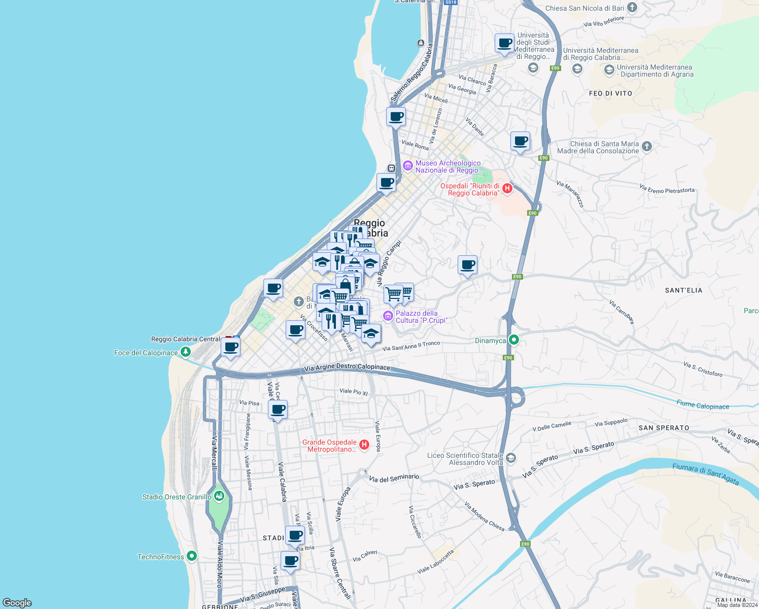 map of restaurants, bars, coffee shops, grocery stores, and more near Via Trieste in Reggio Calabria