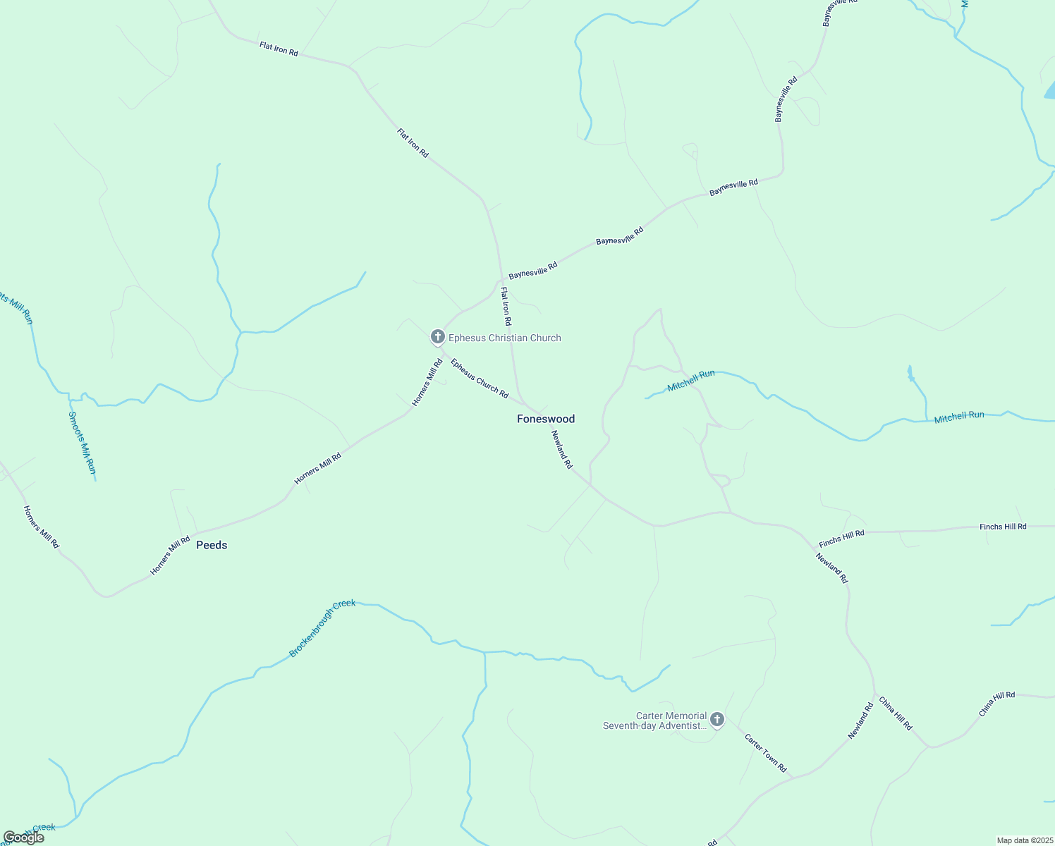 map of restaurants, bars, coffee shops, grocery stores, and more near 43 Flat Iron Road in Montross