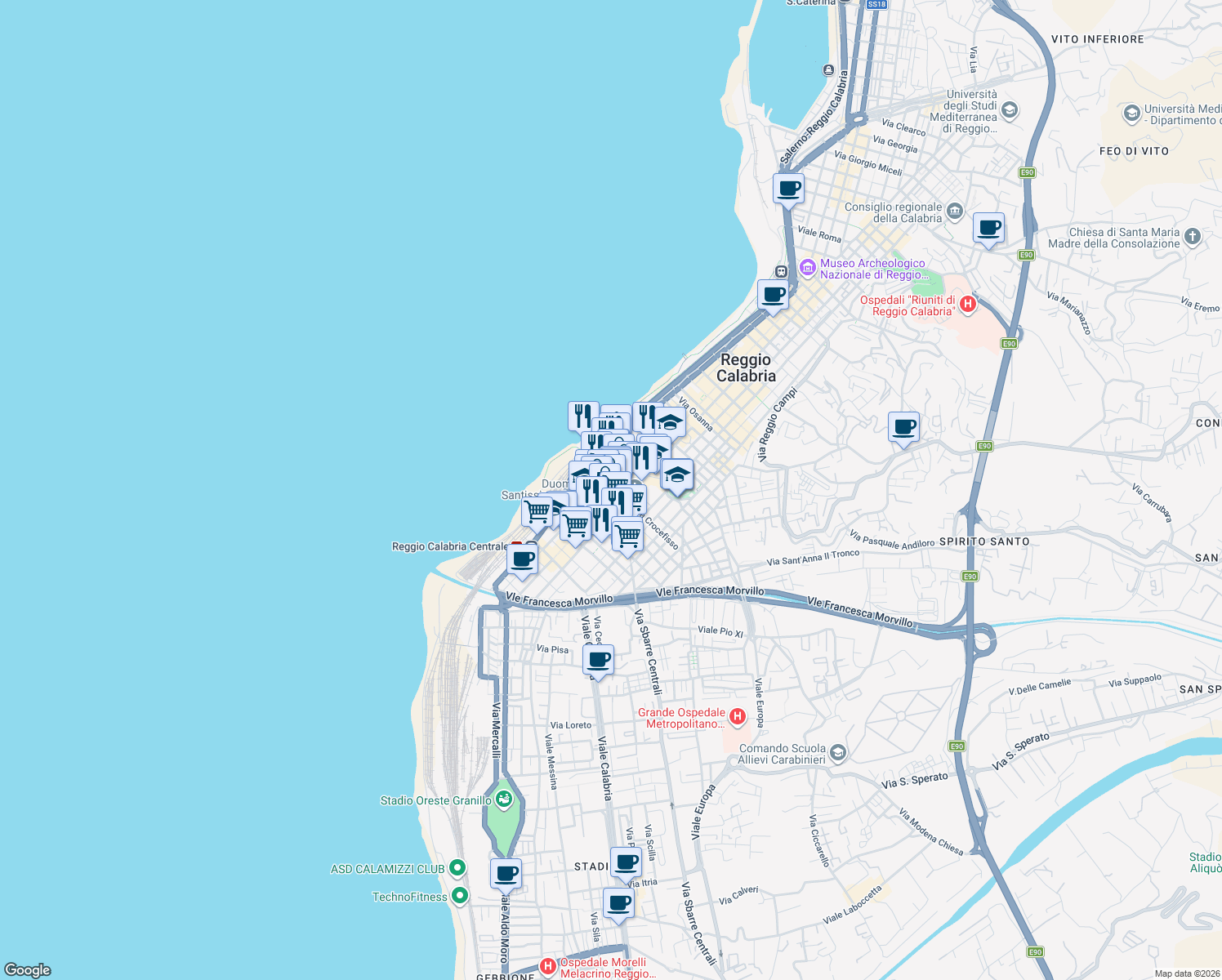 map of restaurants, bars, coffee shops, grocery stores, and more near 9 Via Tommasini in Reggio Calabria