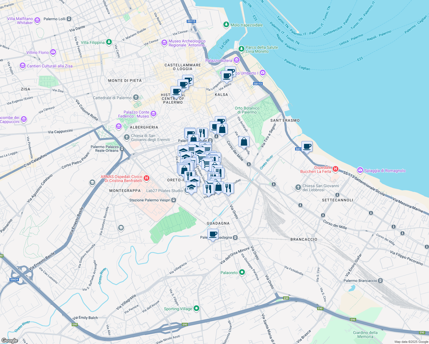 map of restaurants, bars, coffee shops, grocery stores, and more near 174 Via Oreto in Palermo