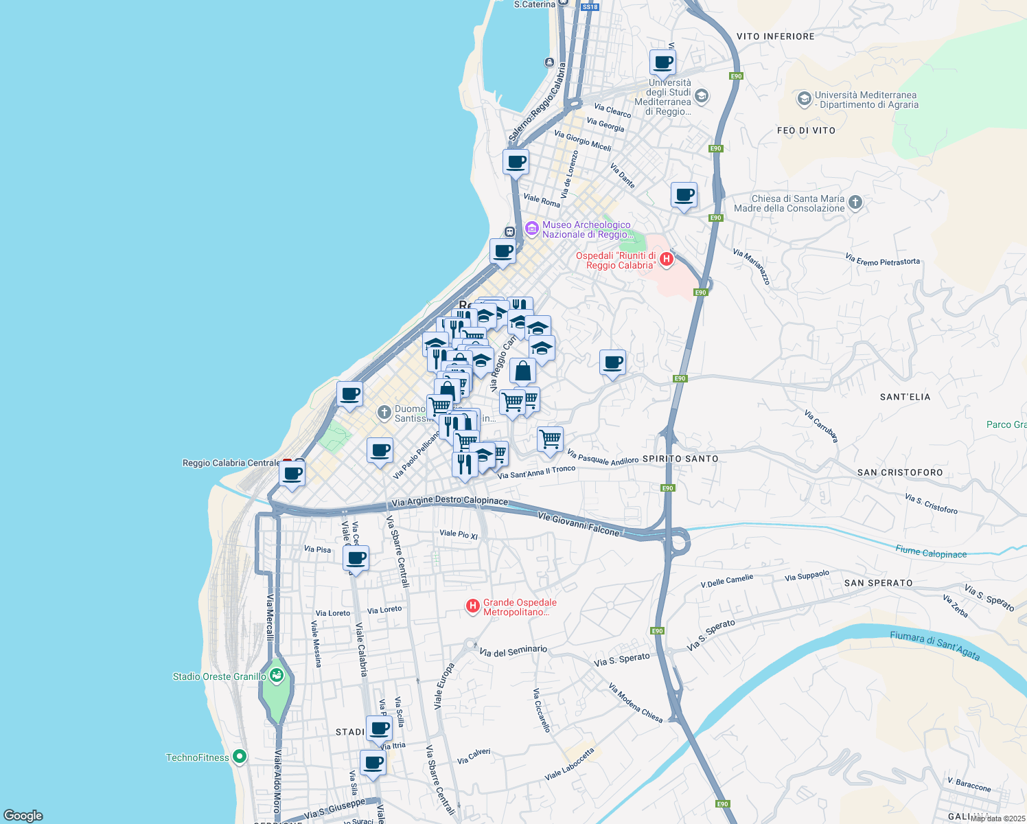map of restaurants, bars, coffee shops, grocery stores, and more near Via Trieste in Reggio Calabria