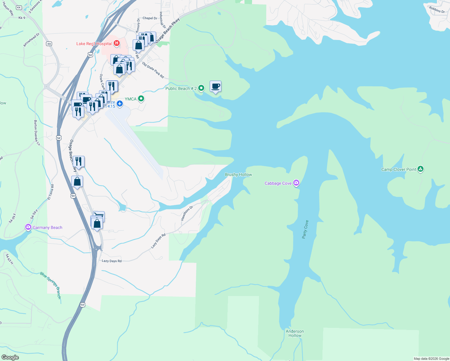 map of restaurants, bars, coffee shops, grocery stores, and more near 611 Lazy Days Road in Osage Beach