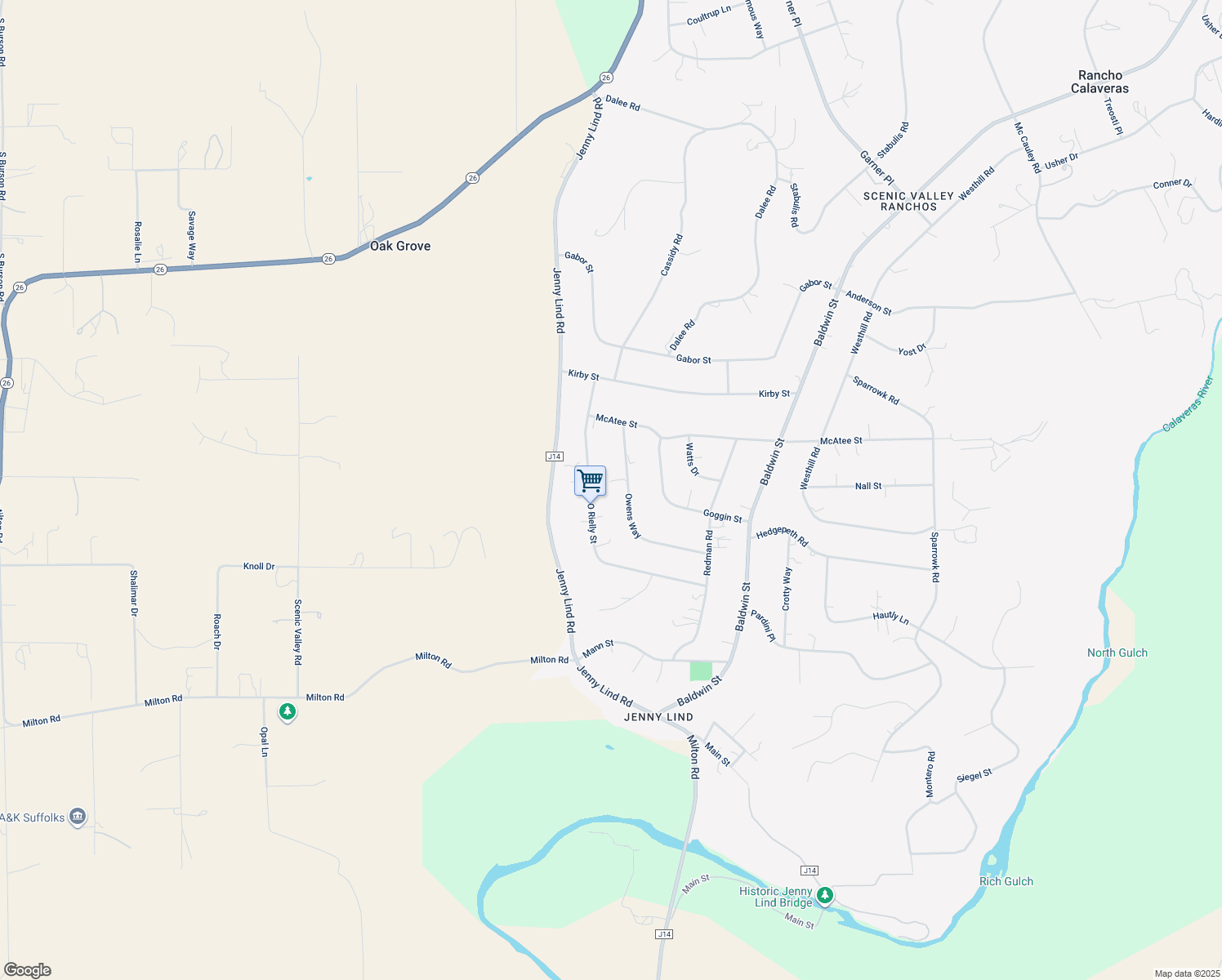 map of restaurants, bars, coffee shops, grocery stores, and more near 8494 Owens Way in Valley Springs