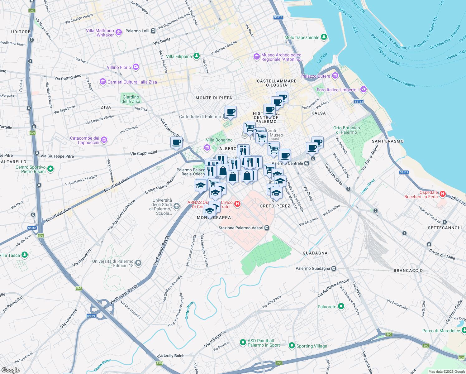 map of restaurants, bars, coffee shops, grocery stores, and more near in Palermo