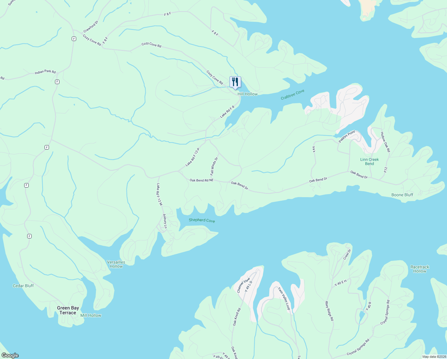map of restaurants, bars, coffee shops, grocery stores, and more near Oak Bend Road Northeast in Sunrise Beach
