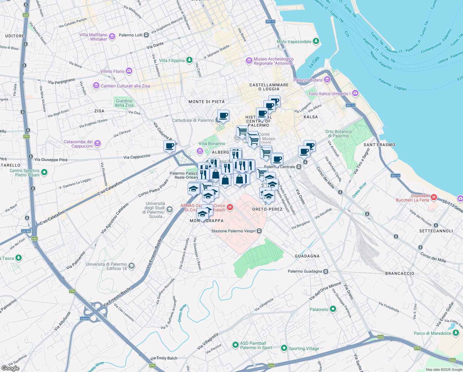 map of restaurants, bars, coffee shops, grocery stores, and more near 32 Via Pietro D'Aragona in Palermo