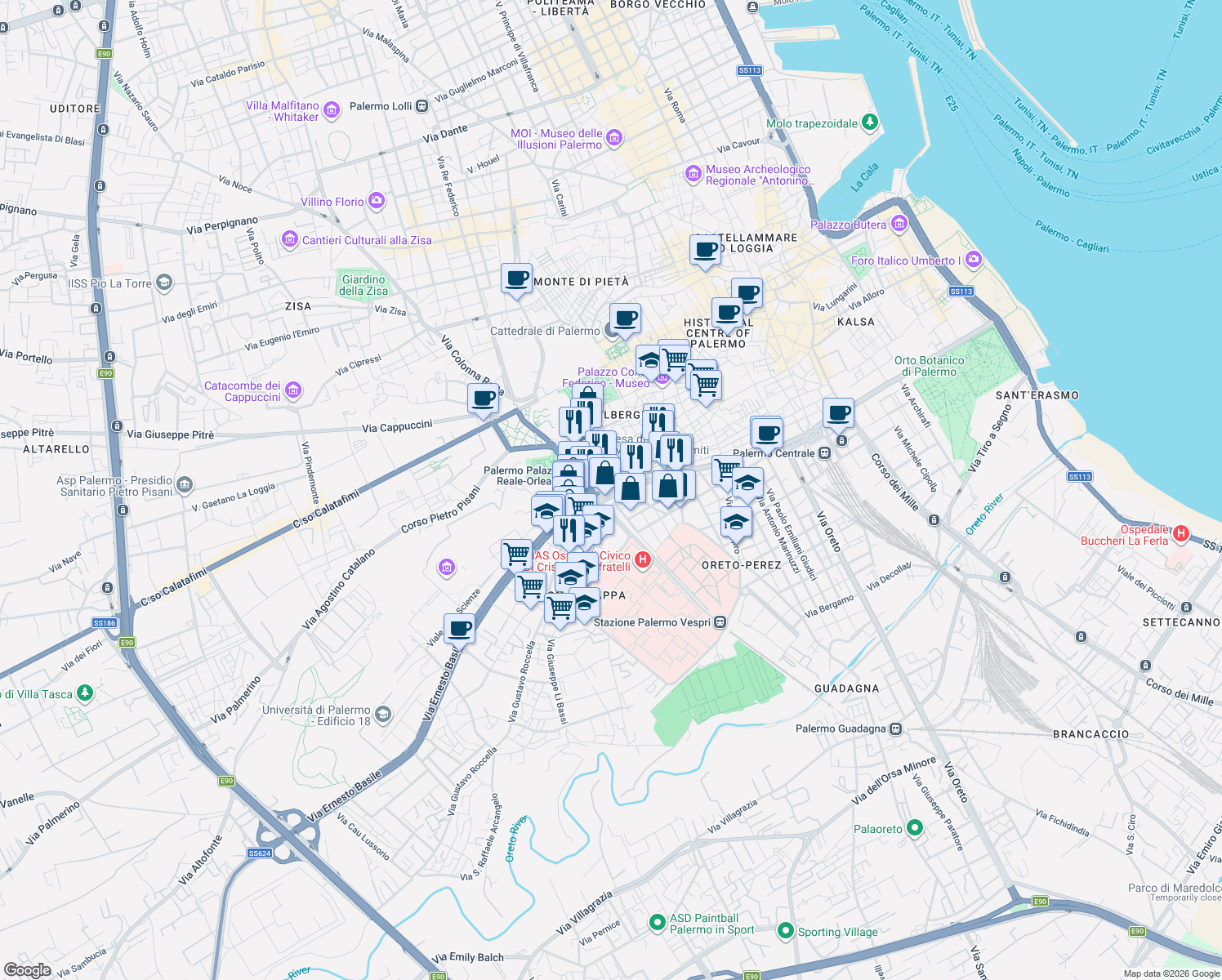 map of restaurants, bars, coffee shops, grocery stores, and more near 10 Corso Tukory in Palermo