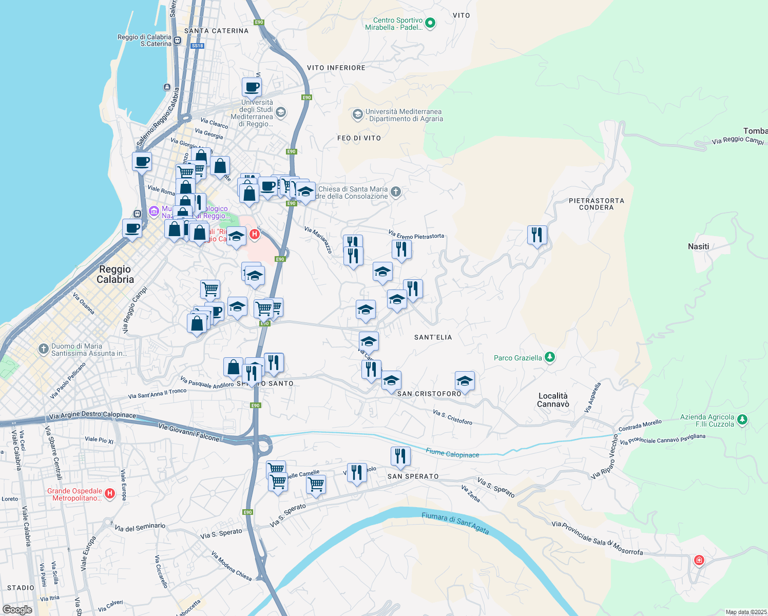 map of restaurants, bars, coffee shops, grocery stores, and more near 24 Eremo Condera Diramazione Postorino in Reggio Calabria