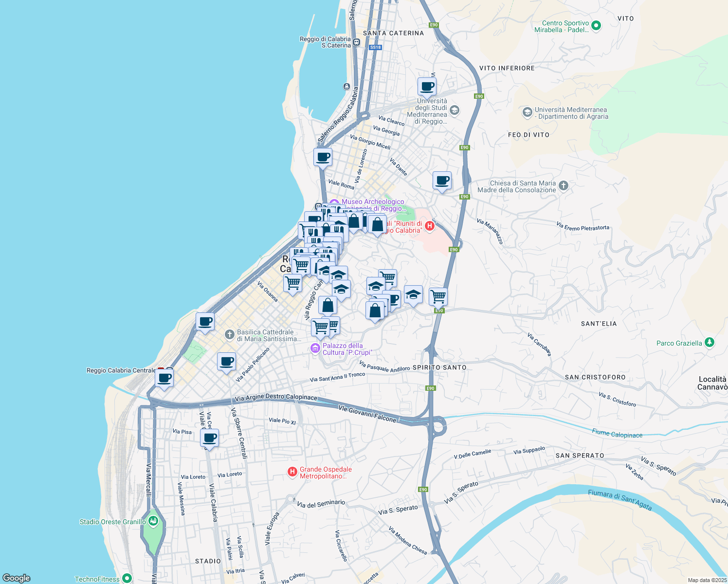 map of restaurants, bars, coffee shops, grocery stores, and more near 8 Via Villini Svizzeri in Reggio Calabria