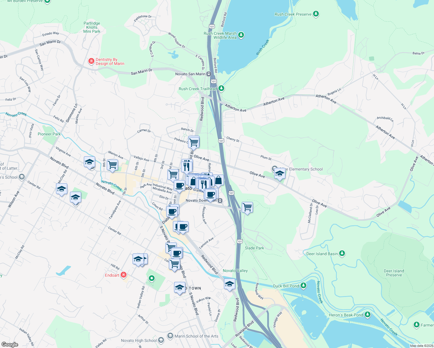 map of restaurants, bars, coffee shops, grocery stores, and more near 731 West Orange Avenue in Novato