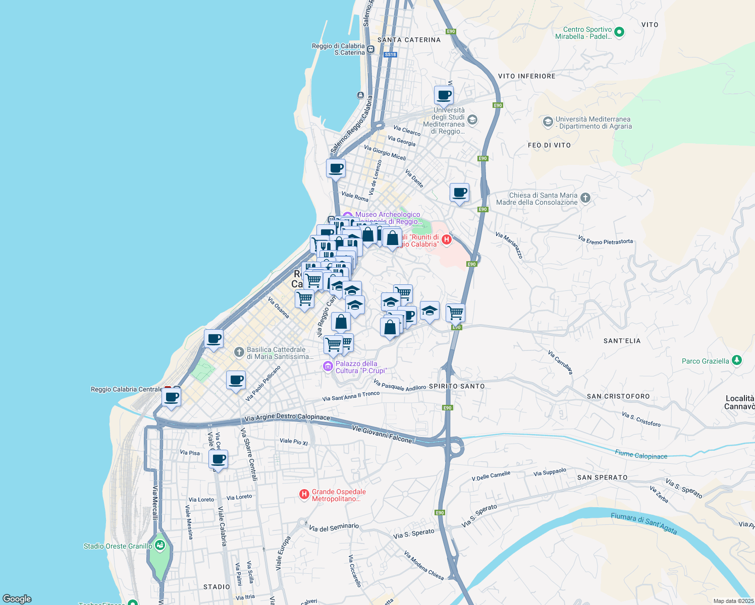 map of restaurants, bars, coffee shops, grocery stores, and more near 8 Via Villini Svizzeri in Reggio Calabria