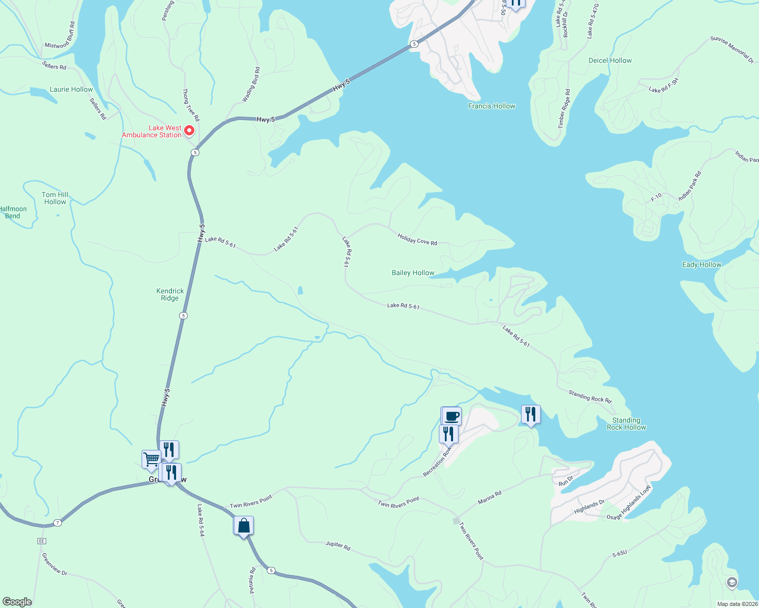 map of restaurants, bars, coffee shops, grocery stores, and more near Lake Road 5-61 in Camdenton