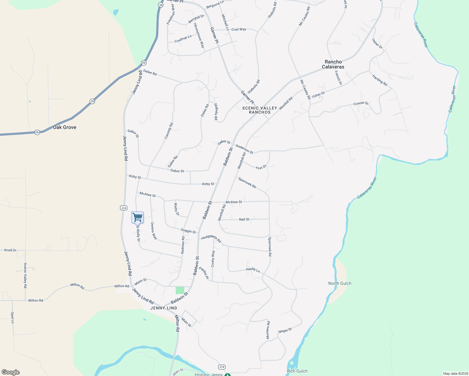 map of restaurants, bars, coffee shops, grocery stores, and more near 7529 Westhill Road in Valley Springs