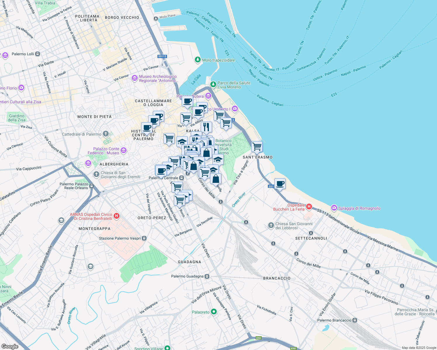 map of restaurants, bars, coffee shops, grocery stores, and more near 2 Via Gaspare Mignosi in Palermo