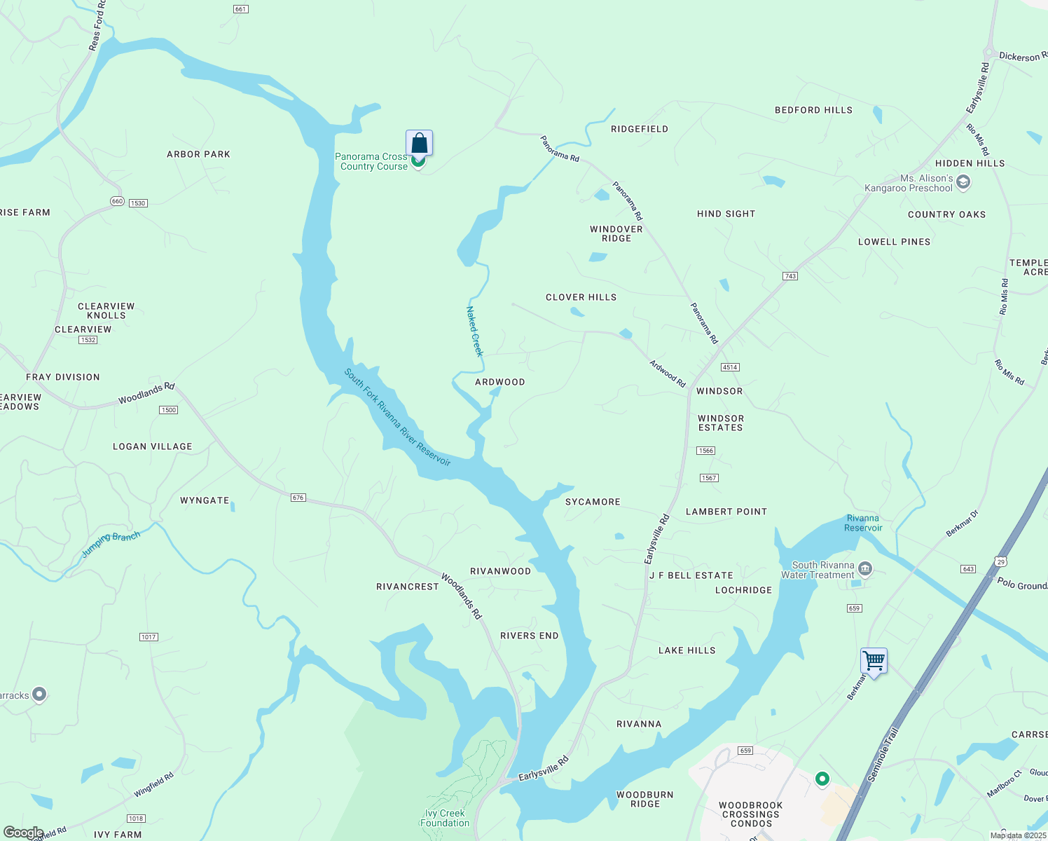 map of restaurants, bars, coffee shops, grocery stores, and more near 325 Forest Ridge Road in Earlysville