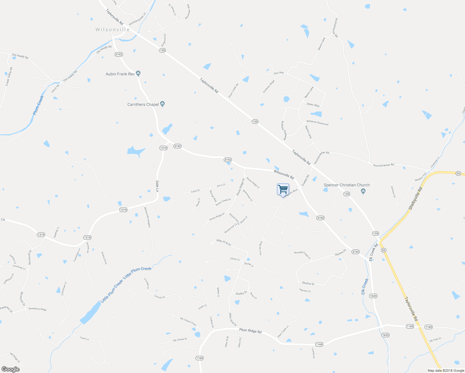 map of restaurants, bars, coffee shops, grocery stores, and more near 170 Jim's Court in Spencer County