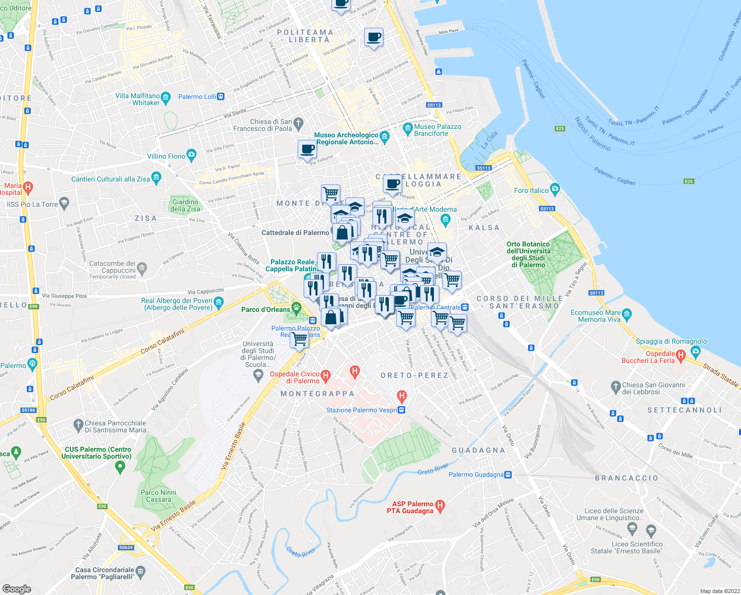 map of restaurants, bars, coffee shops, grocery stores, and more near Via del Giudice Michele in Palermo