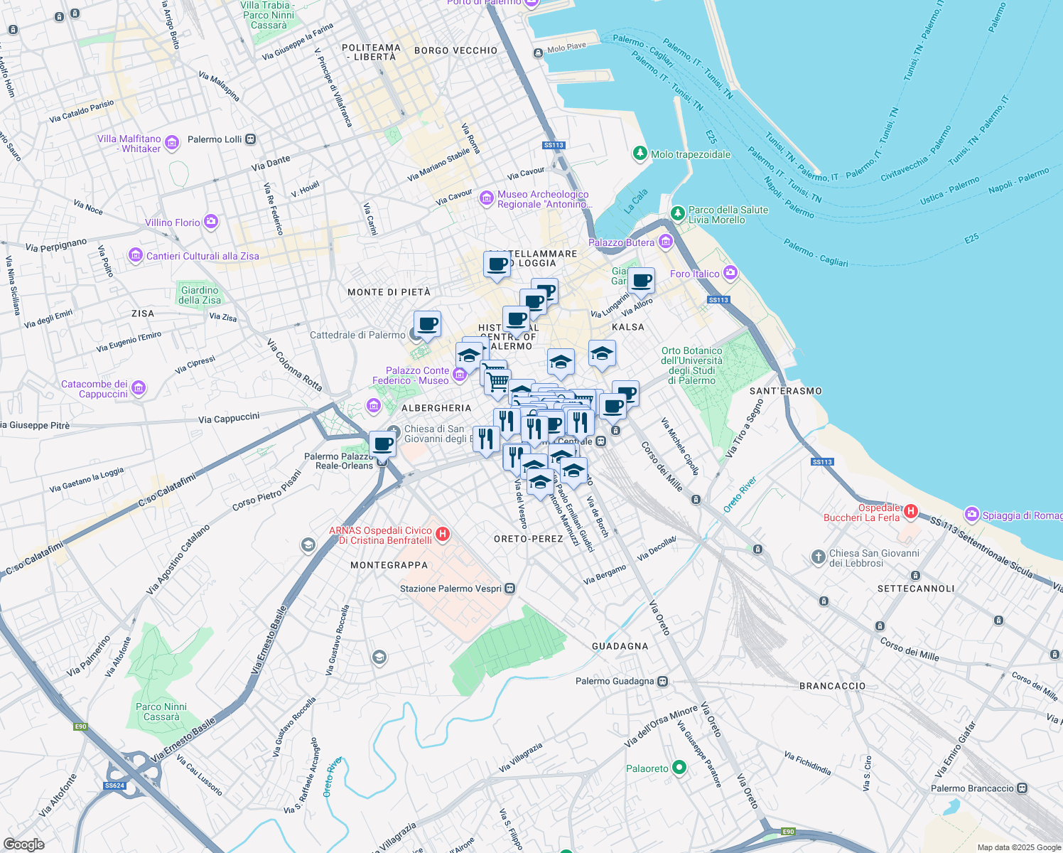 map of restaurants, bars, coffee shops, grocery stores, and more near 6 Via Dalmazio Birago in Palermo