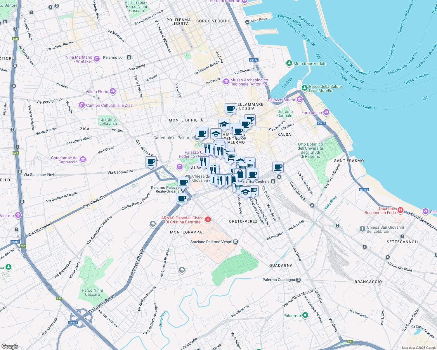 map of restaurants, bars, coffee shops, grocery stores, and more near Via del Giudice Michele in Palermo