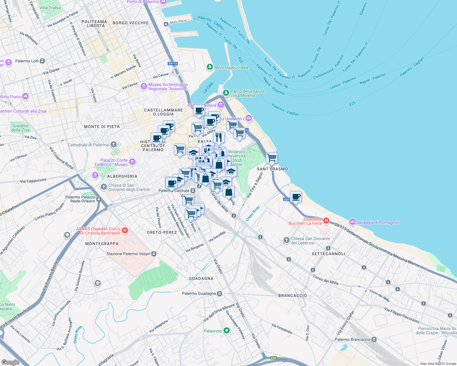 map of restaurants, bars, coffee shops, grocery stores, and more near 2 Via Gaspare Mignosi in Palermo