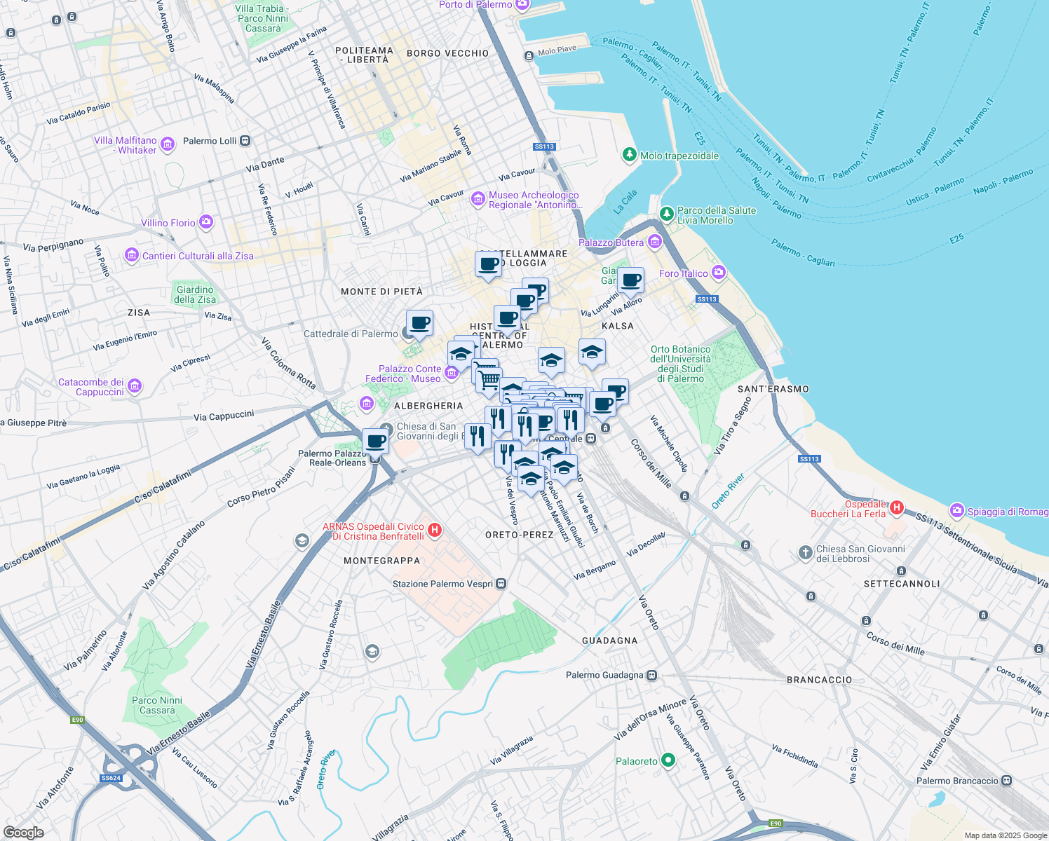map of restaurants, bars, coffee shops, grocery stores, and more near 6 Via Dalmazio Birago in Palermo