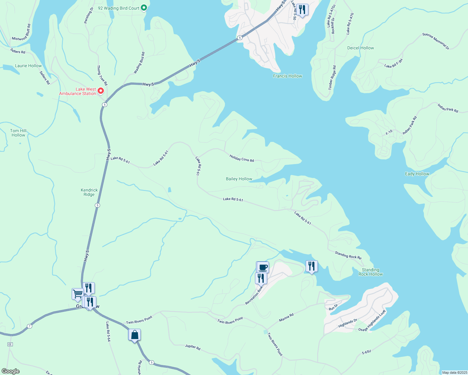 map of restaurants, bars, coffee shops, grocery stores, and more near 5-61M in Camdenton