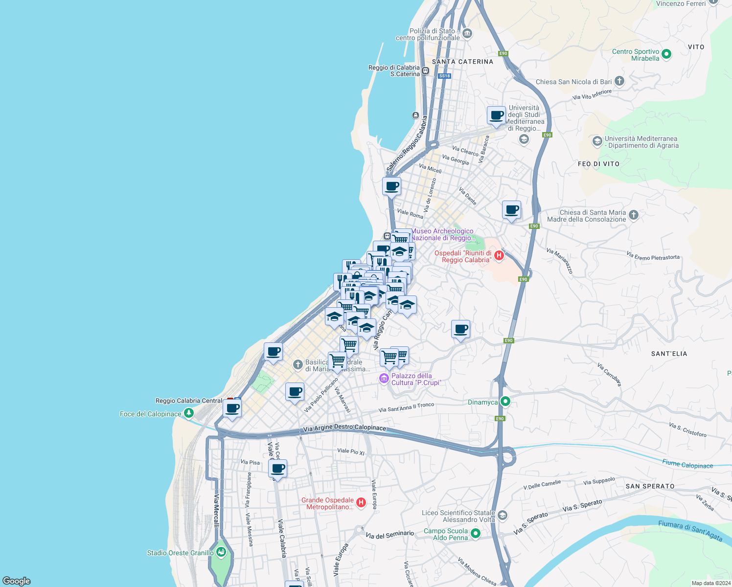 map of restaurants, bars, coffee shops, grocery stores, and more near in Reggio Calabria