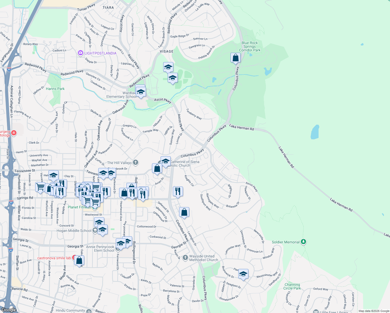 map of restaurants, bars, coffee shops, grocery stores, and more near 1221 Andrea Way in Vallejo