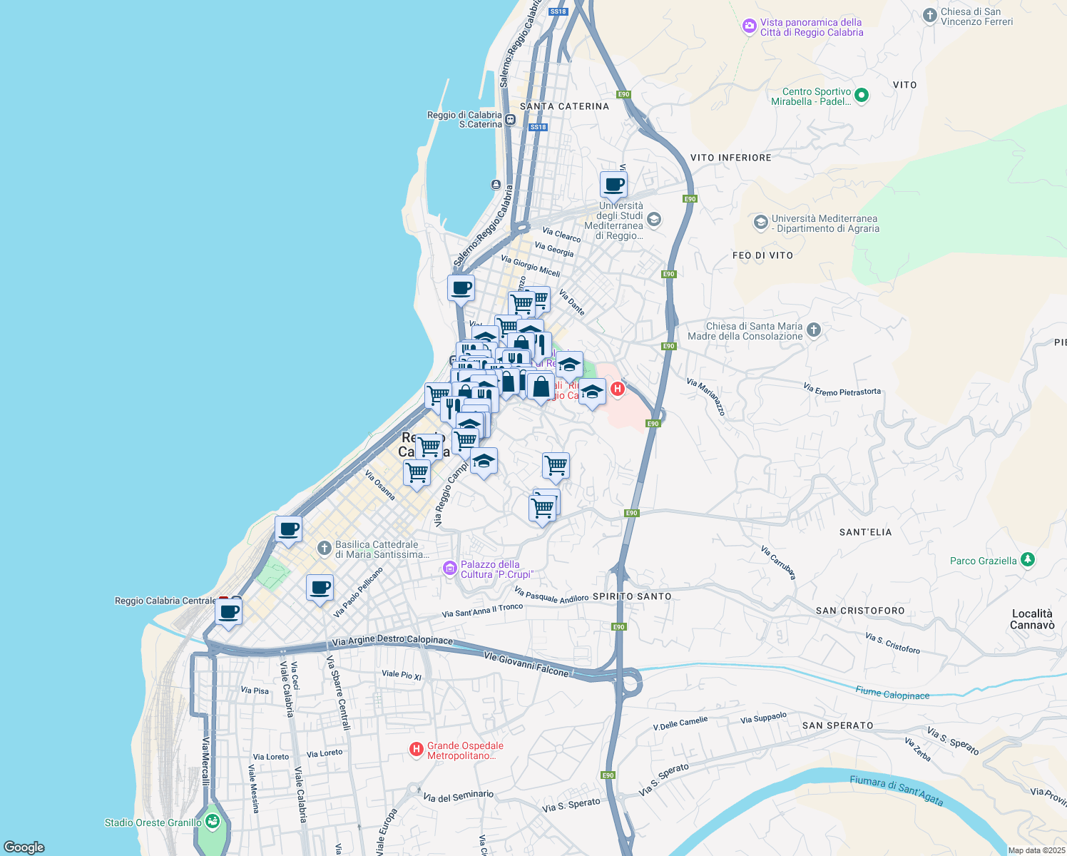 map of restaurants, bars, coffee shops, grocery stores, and more near 84 Via Dalmazia in Reggio Calabria