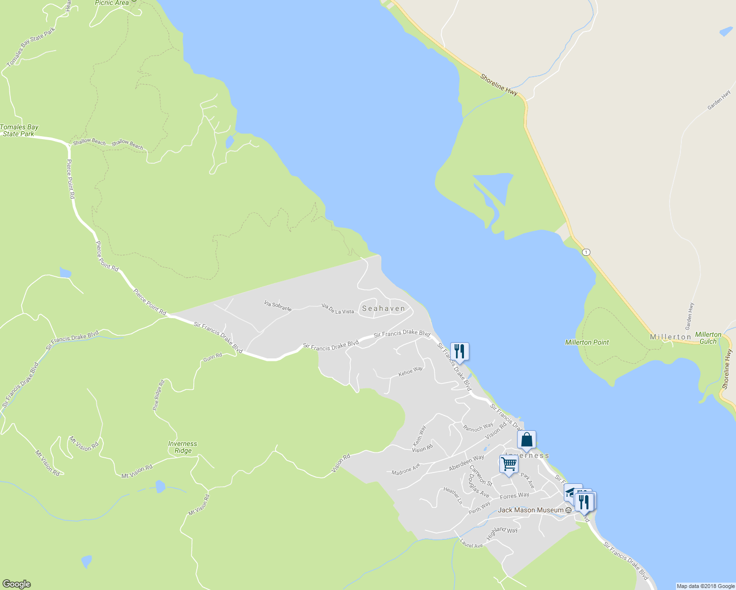 map of restaurants, bars, coffee shops, grocery stores, and more near 60 Escondido Way in Inverness