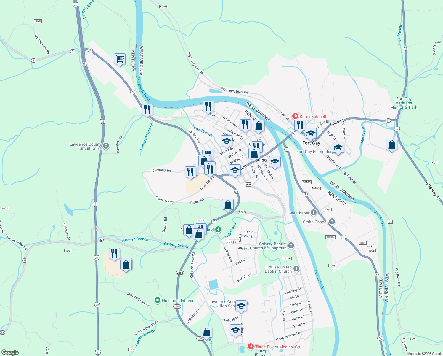 map of restaurants, bars, coffee shops, grocery stores, and more near Highway 32 in Louisa