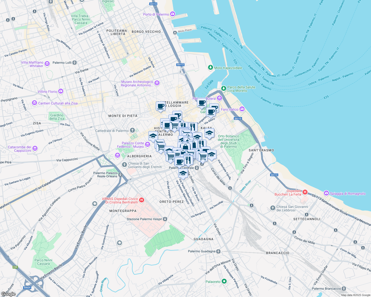 map of restaurants, bars, coffee shops, grocery stores, and more near 52 Via Fiume in Palermo