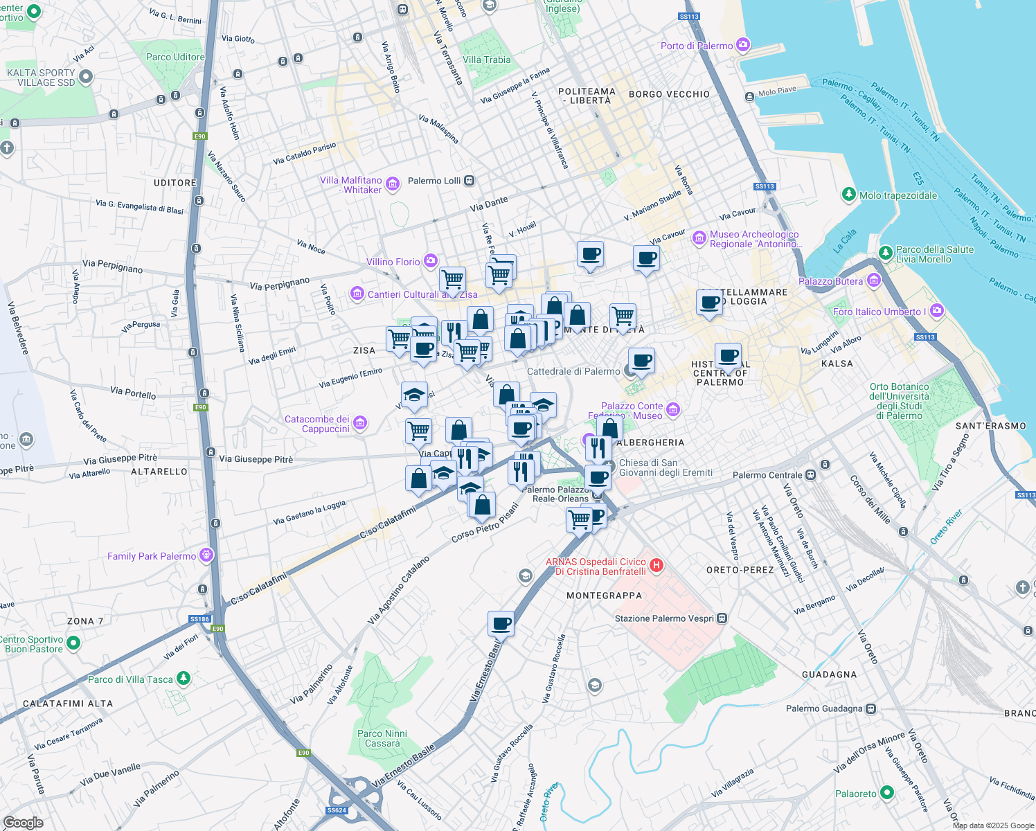 map of restaurants, bars, coffee shops, grocery stores, and more near 2 Via Padre Cangemi in Palermo