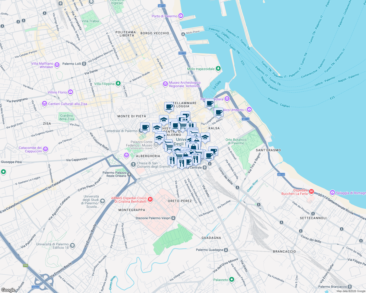 map of restaurants, bars, coffee shops, grocery stores, and more near 99 Via Maqueda in Palermo