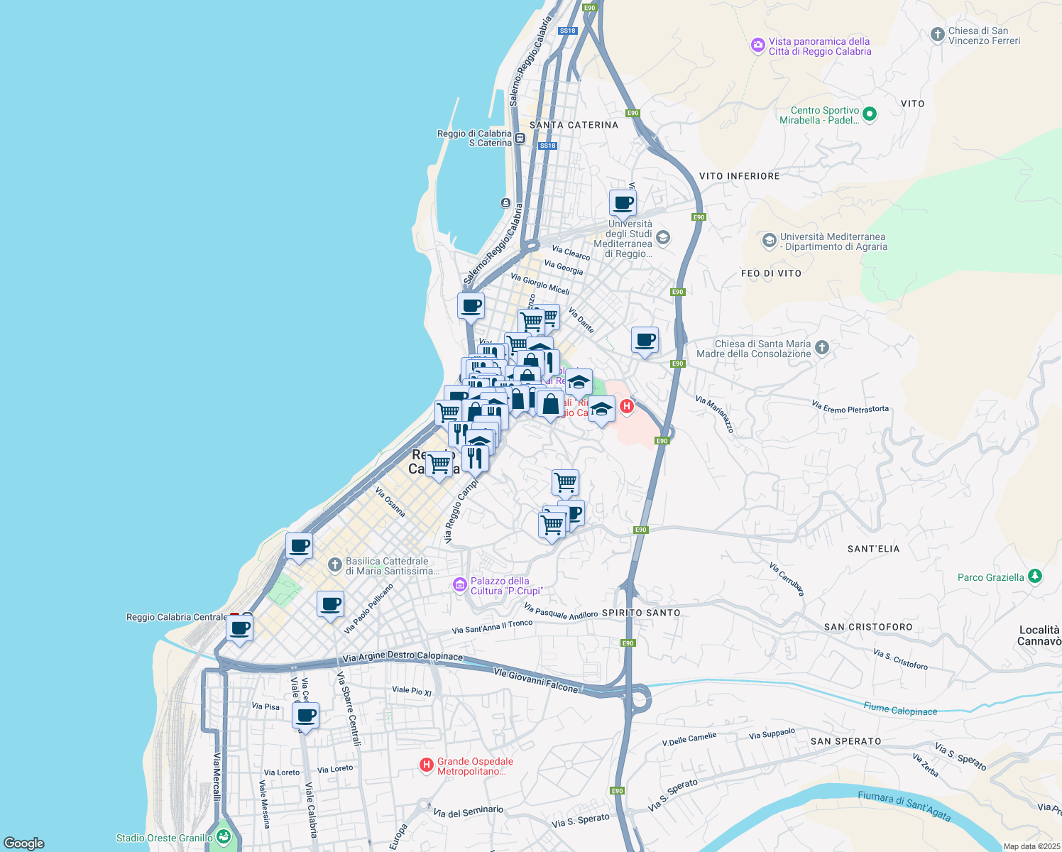 map of restaurants, bars, coffee shops, grocery stores, and more near 84 Via Dalmazia in Reggio Calabria